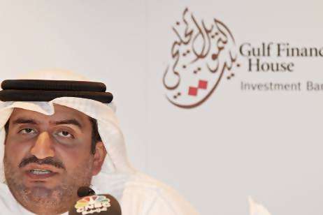 Bahraini investment bank Gulf Finance House Chairman Janahi speaks at media briefing in Manama